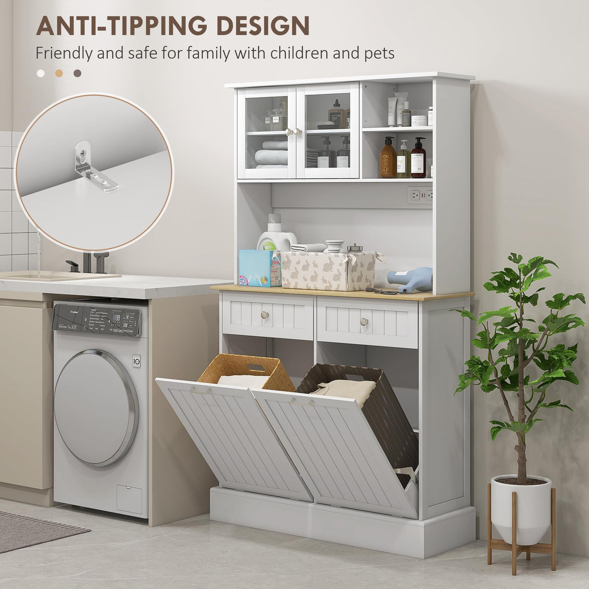 HOMCOM 68" Kitchen Pantry Storage Cabinet with Charging Station, 2 Tilt Out 10 Gallon Trash Can Cabinets and Drawers, Freestanding Kitchen Hutch with Glass Doors and Adjustable Shelf, White HOMCOM