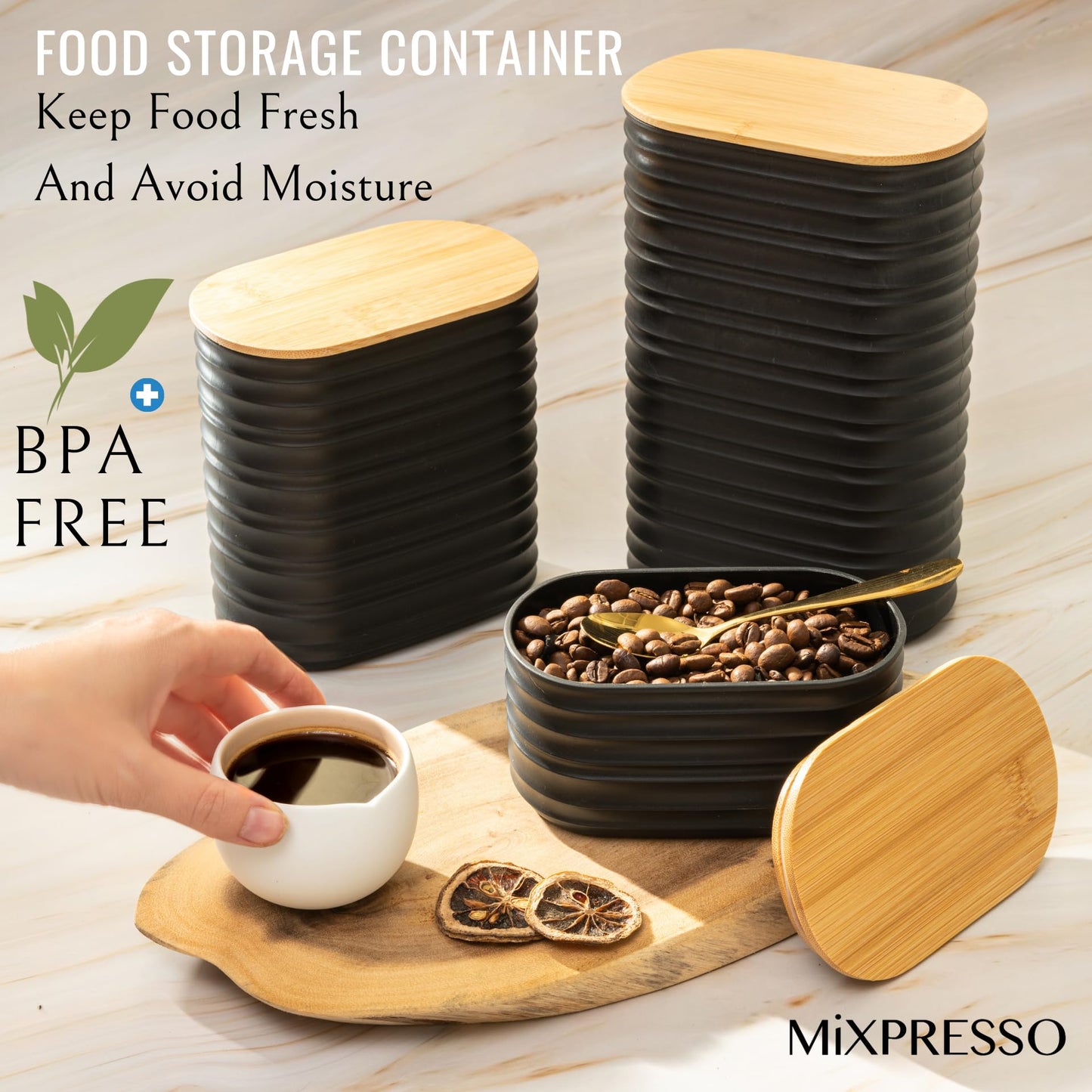 Mixpresso 3 Piece Black Canisters Sets For The Kitchen, Airtight Plastic Canister With Bamboo Lid, Coffee And Sugar Canister Set, Decorative Sugar Container, Kitchen Decor For Counter