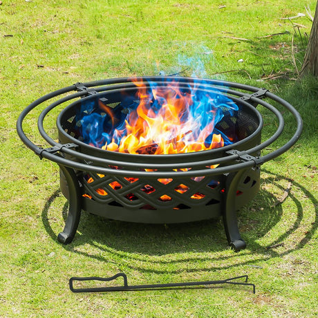 Panovue 36 Inch Fire Pit with 2 Loops,Crossweave Wood Burning Fire Pits for Outside,with Spark Screen,Fire Poker,Round Outdoor Firepit for Patio,Yard,Garden,Camping,Bonfire,Black Panovue