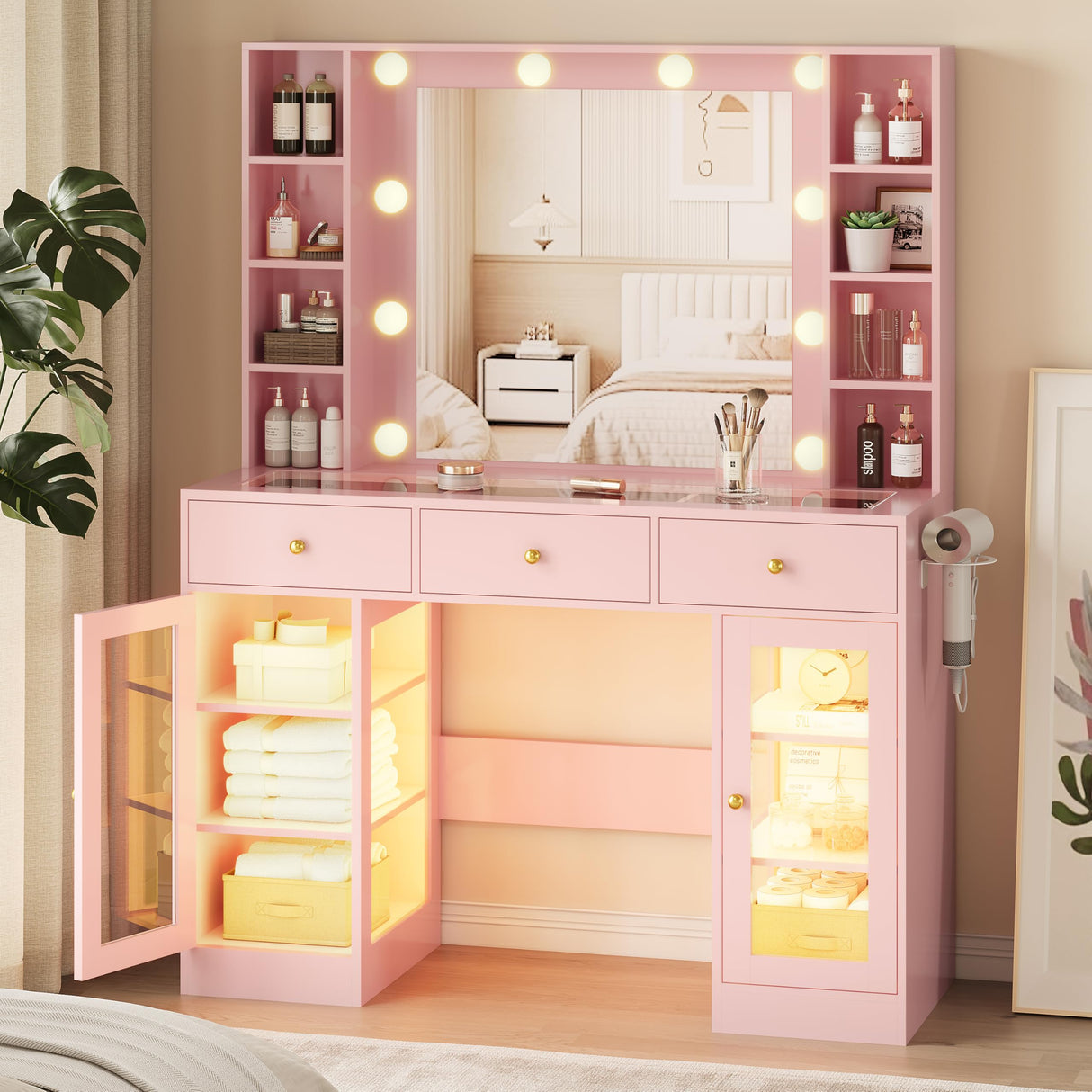 Makeup Vanity Desk with Mirror and Lights, Glass Top Vanity Table Set with Drawers & Power Outlet, Large Dressing Table with 3 Color Lighting Modes & RGB Cabinets for Women Girls Kids Bedroom, Pink Xixini