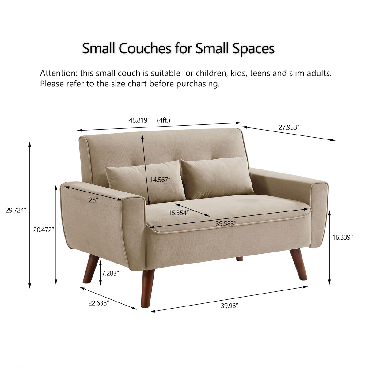 Jarenie 48.8" Small Loveseat Sofa, Mid Century Modern Love Seat Couch with Back Cushions and Wood Legs, 2 Seater Couches for Living Room, Bedroom, Small Spaces, Beige Jarenie