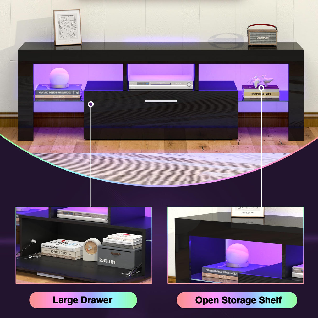 Clikuutory Black LED TV Stand with Large Storage Drawer for 32 40 50 55 Inch TVs, Modern High Gloss TV Console Table with Entertainment Center for Living Room, Bedroom, Black Clikuutory