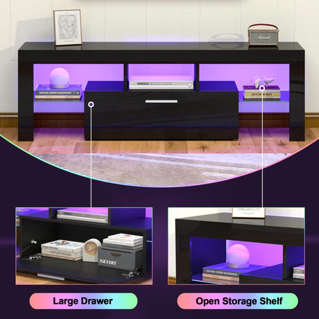 Clikuutory Black LED TV Stand with Large Storage Drawer for 32 40 50 55 Inch TVs, Modern High Gloss TV Console Table with Entertainment Center for Living Room, Bedroom, Black Clikuutory