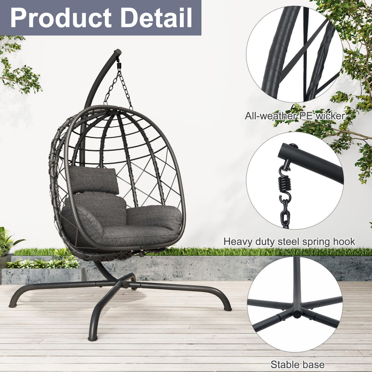 Hanging Egg Chair with Stand Patio Wicker Rattan Swing Chair Hammock Egg Chair for Indoor & Outdoor 400lbs Capacity with Thickened Cushion for Bedroom Balcony Garden TQKVIPI