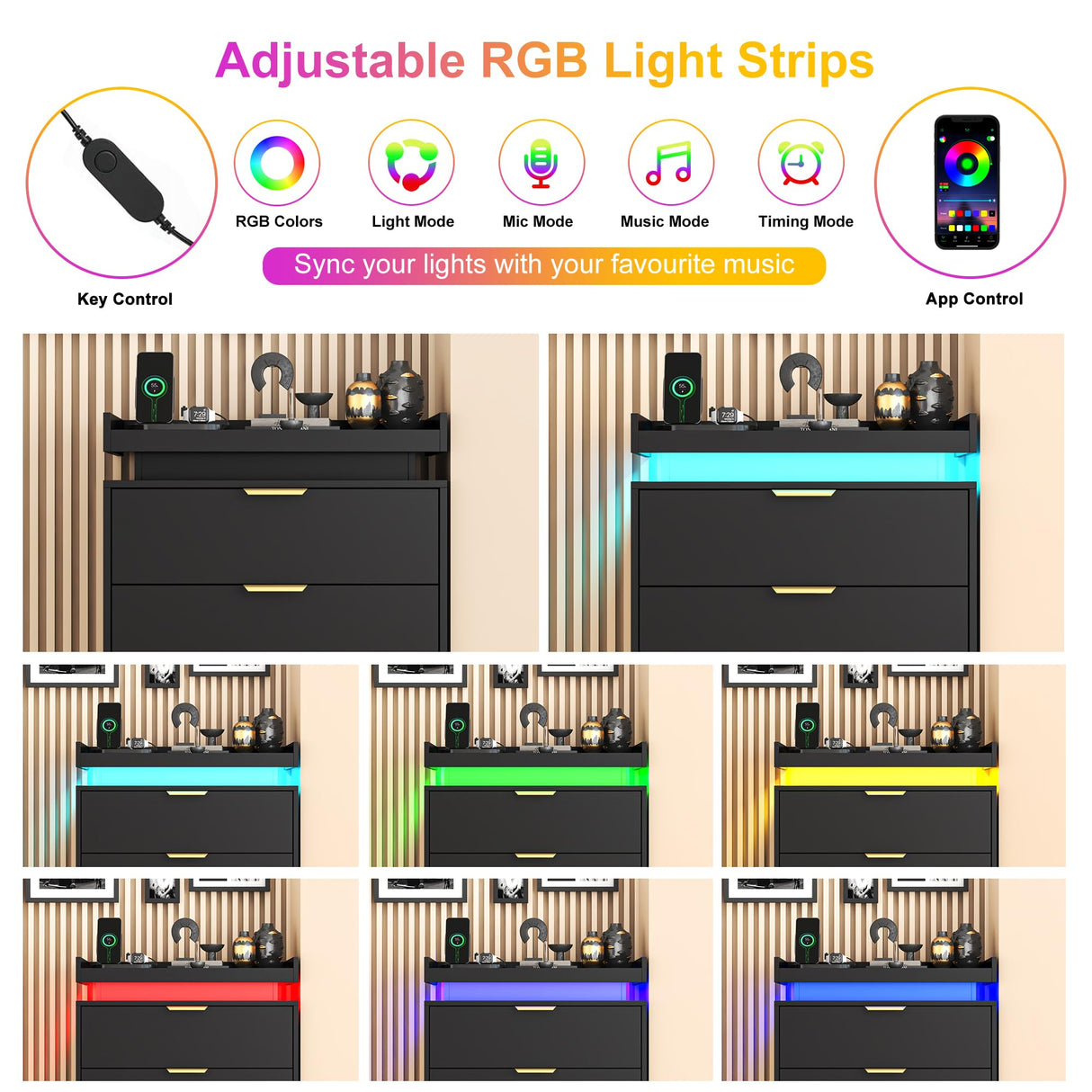 knoworld Black Dresser with LED Lights, Wooden LED Dresser, 4 Drawer Chest with Charging Station, Tall Chest of Drawer Closet Organizer for Bedroom, Living Room, Entryway, Hallway knoworld