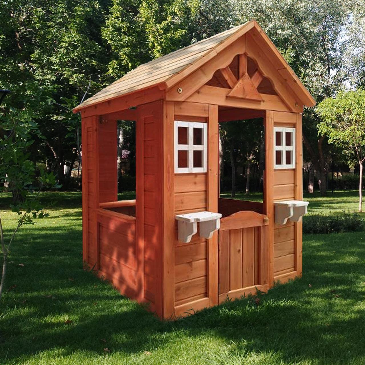 Wooden Playhouse for Age 3-6 Years Boy Girl, Outdoor Cottage Playhouse with Door, 2 Windows, 3 Serving Station, Shelf & Flowerpot Holder, Outdoor