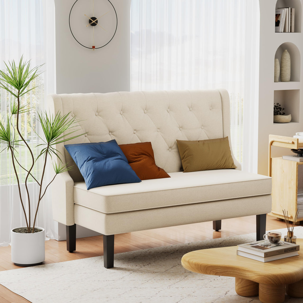 Andeworld Modern Tufted Loveaseat Settee Sofa Bench High Back with Arms Upholstered Couch for Dining Living Room Hallway or Entryway Seating,Beige Andeworld