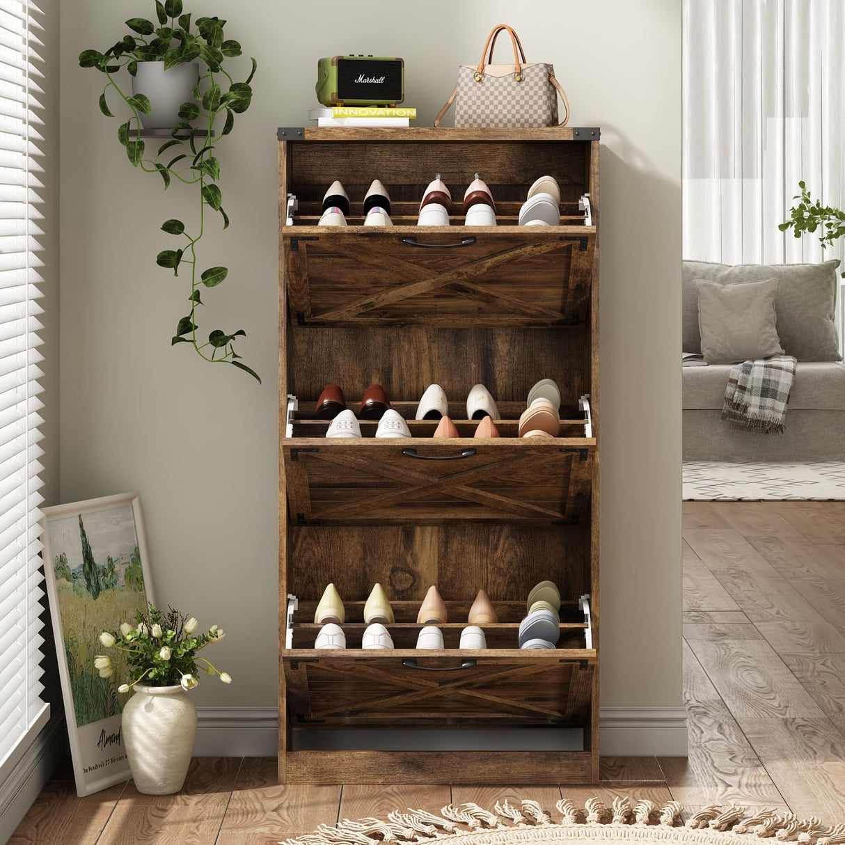 Maupvit 24" W Farmhouse Shoe Cabinet Storage for Entryway, Freestanding Organizer with 3 Flip Drawers, Narrow Shoe Rack Cabinet with Metal Corner Decoration, Rustic Brown Maupvit