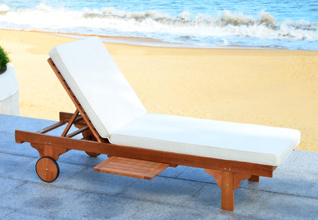 SAFAVIEH Outdoor Collection Newport Natural/ Beige Cushion Built-in Side Table Adjustable Chaise Lounge Chair Safavieh