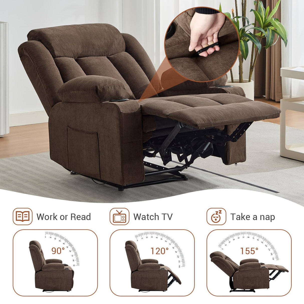 Oversized Recliner Chair,Classic and Traditional Manual Recliner Chair With Vibration Massage and Heat, Comfy Overstuffed Deep Seat Sofa With Side Pockets, Front Pockets and Cup Holder for Living Room dainslef