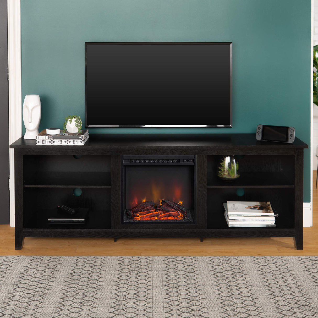 Walker Edison Wren Classic 4 Cubby Fireplace TV Stand for TVs up to 80 Inches, 70 Inch, Black Walker Edison
