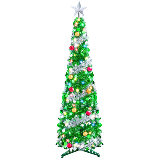 Joiedomi 5 FT Tinsel Christmas Tree, Pre Lit Collapsible Tree with 50 Multicolor LED Lights and Ball Ornaments for Home Holiday Christmas Party Indoor Decoration (Green and Silver)