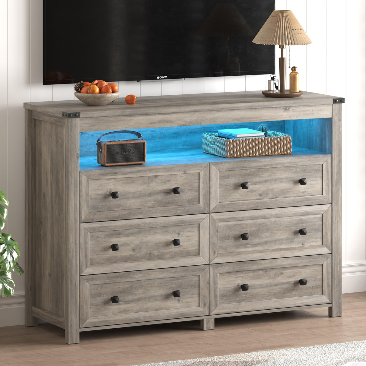 Dresser for Bedroom with 6 Drawers, Wide Chest of Drawers with LED Light and Power Outlet, Wooden Closet Organizer Clothes Storage Cabinet, Modern Double Dressers for Living Room, Hallway, Grey Xixini