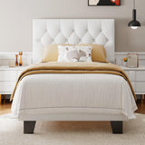 Feonase Velvet Twin Platform Bed Frame with Button Tufted Headboard, Upholstered Bed with Wooden Slats Support, No Box Spring Needed, Easy Assembly, Noise-Free, White Feonase