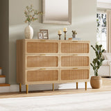 Rattan 6 Drawer Dresser for Bedroom, Large Double Dresser with Deep Drawers, Chest of Drawers for Closet with Wide Top, Long Wooden Dresser for Living Room, Hallway, Kids Room, Natural GarveeHome