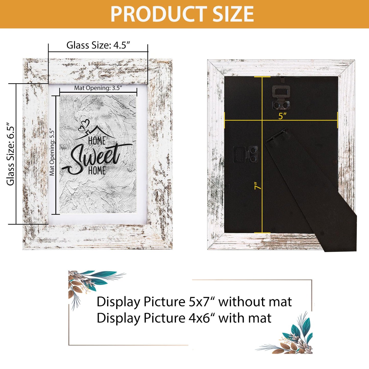 Califortree Rustic White 5x7 Picture Frame - Display Photos 4x6 with Mat or 5x7 Without Mat - Real Glass Frames for Wall and Tabletop - Set of 2