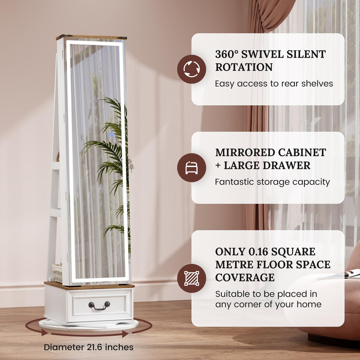 LVSOMT LED Mirror Jewelry Cabinet Standing, 360°Swivel Jewelry Armoire with Full Length Mirror, Mirror with Jewelry Storage and Large Wooden Drawer for Christmas Gifts (Farmhouse White) LVSOMT