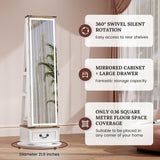 LVSOMT LED Mirror Jewelry Cabinet Standing, 360°Swivel Jewelry Armoire with Full Length Mirror, Mirror with Jewelry Storage and Large Wooden Drawer for Christmas Gifts (Farmhouse White) LVSOMT