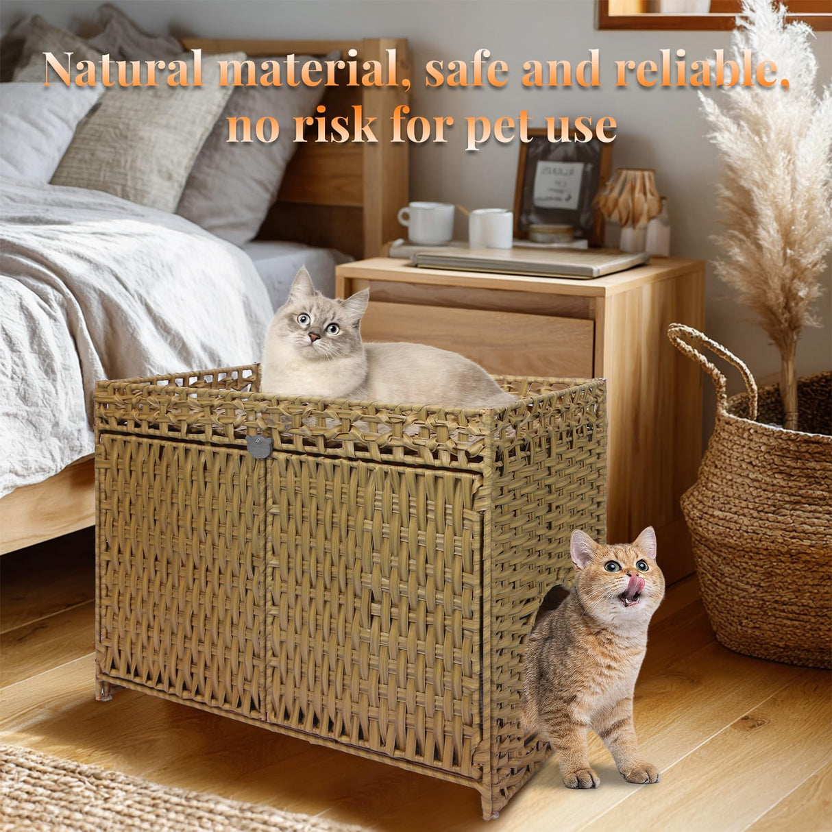 Cat Litter Box Enclosure Furniture Hidden Cabinet - Handwoven Rattan Pet House with 2 Removable Mats - Large Foldable Design for Privacy - Fits Living Room, Bedroom, Balcony Natural Neti Neti