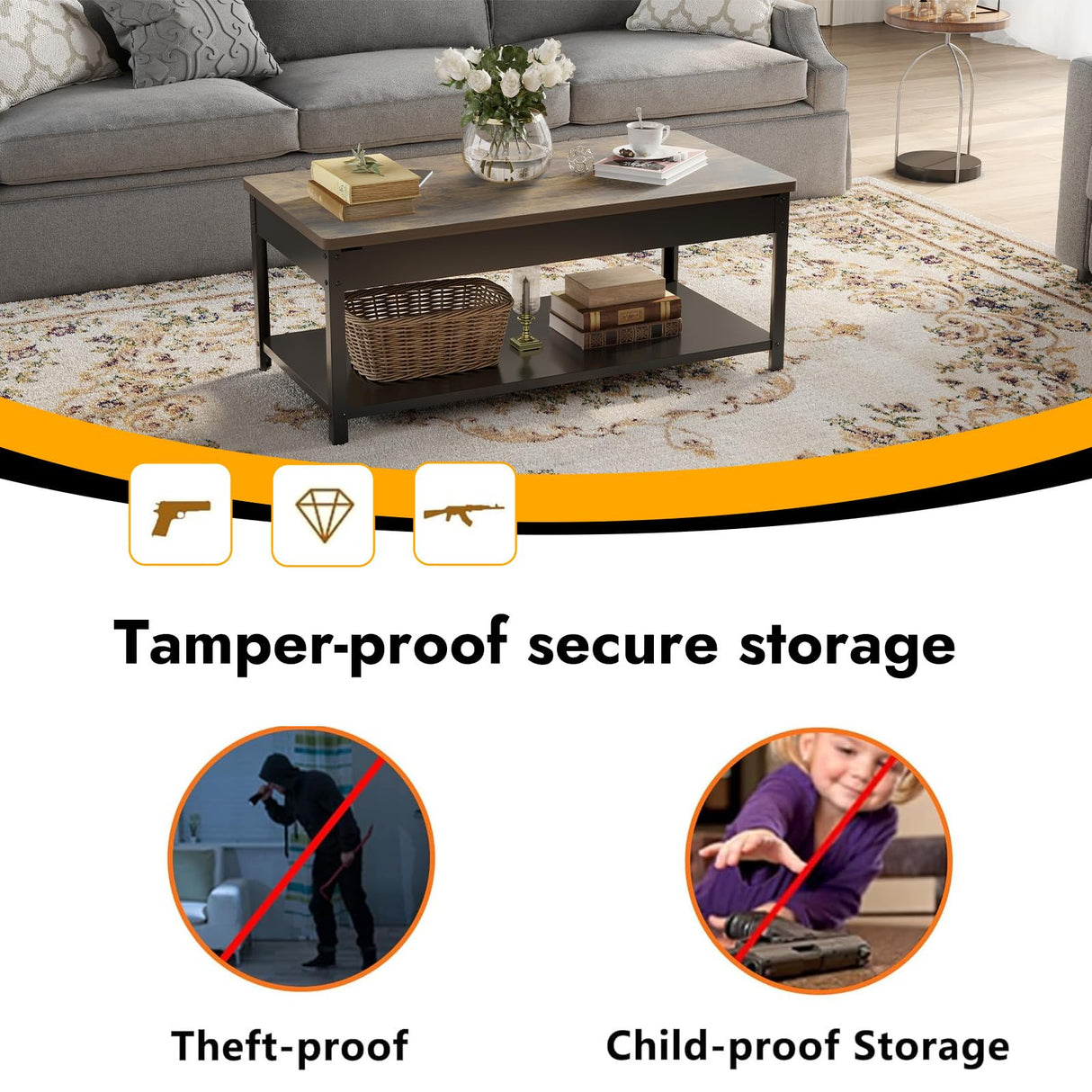 Hidden Gun Storage Safe for Rifles and Pistols, Biometric Fingerprint Gun Safe for Jewelry Money and Ammo, Use as Coffee Table (Honey Brown) Xyvaly