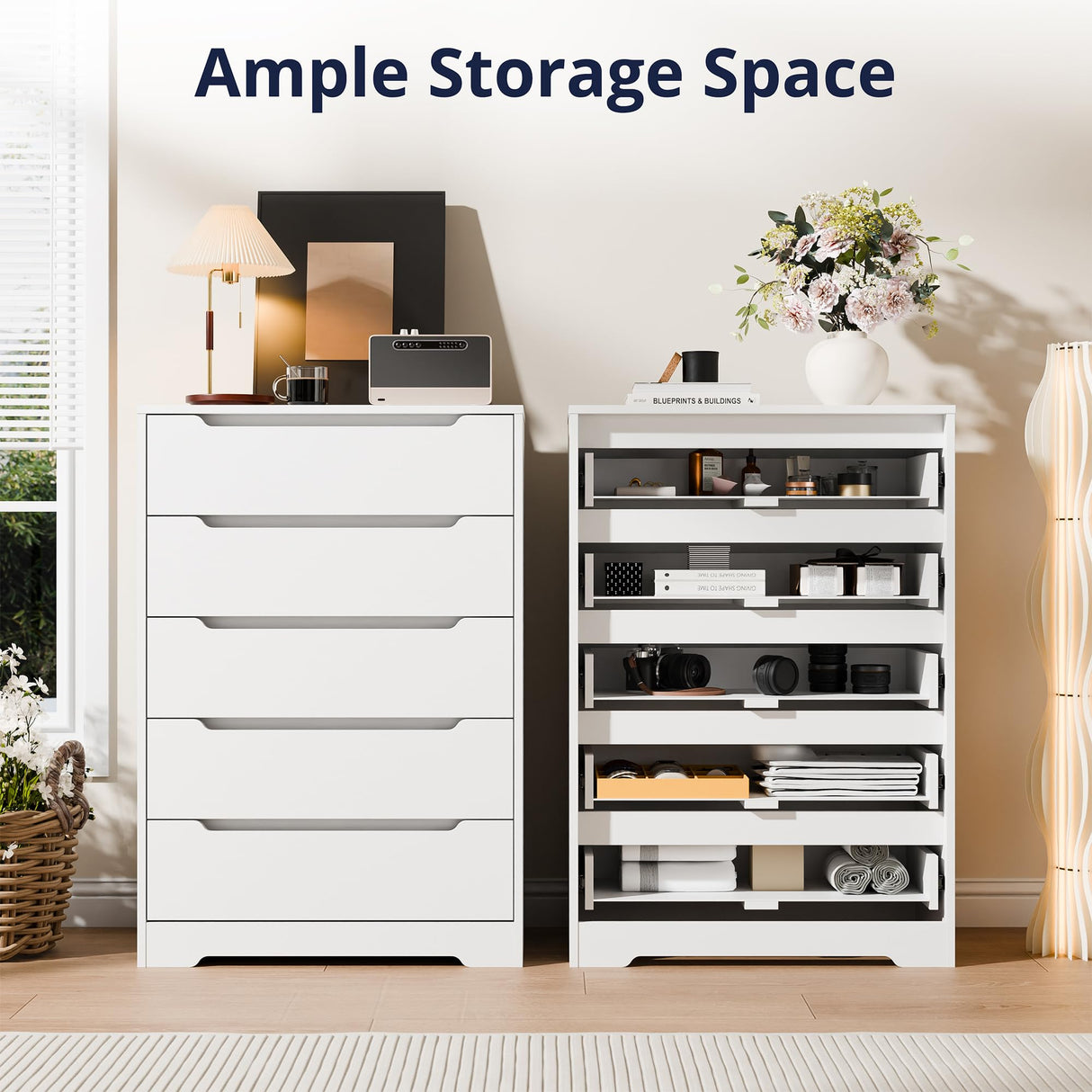 Cozy Castle 5 Drawer Dressers, Modern Chest of Drawers Large Organizer, Wood Accent Storage Cabinet for Living Room, Home Office, Entryway, White Cozy Castle