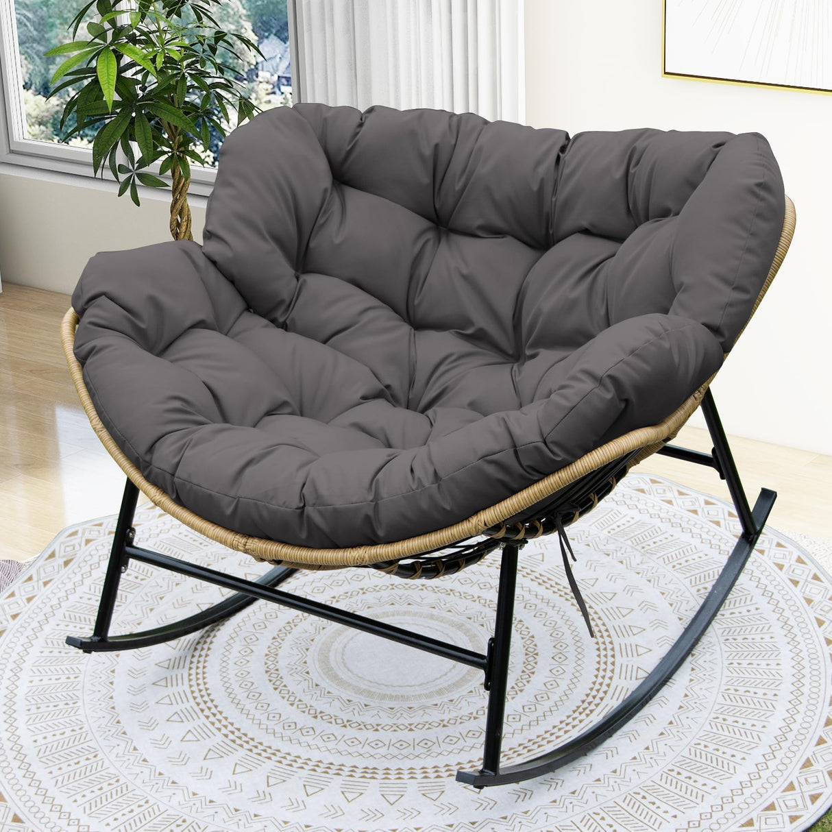 FINCATI Indoor Outdoor Papasan Rocking Chairs,Modern Large Reading Lounge Chair with Cushion,Rattan Royal Egg Chair for Bedroom Living Room Porch Garden(Dark Gray) FINCATI