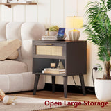 Irontar Nightstand Set of 2, Bedroom Night Stand with Charging Station & Rattan Drawer, Boho Style Bed Side Tables with Solid Legs, Accent End Table with Open Storage, Black and Natural BZZ007BME02 Irontar