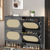 SUNCROWN Shoe Storage Cabinet with 2 Flip Drawers, Freestanding Narrow Shoe Rack Organizer for Entryway with Natural Semi-Circular Rattan Doors, Shoe Shelves,Black SUNCROWN