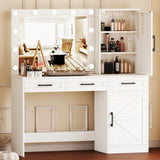Rovaurx Vanity Table with Mirror & Lights, Farmhouse Makeup Vanity with 10 Necklace Hooks, Vanity Desk with Charging Station, 3 Color Lighting Modes, Door Cabinet, White RSZT112W Rovaurx