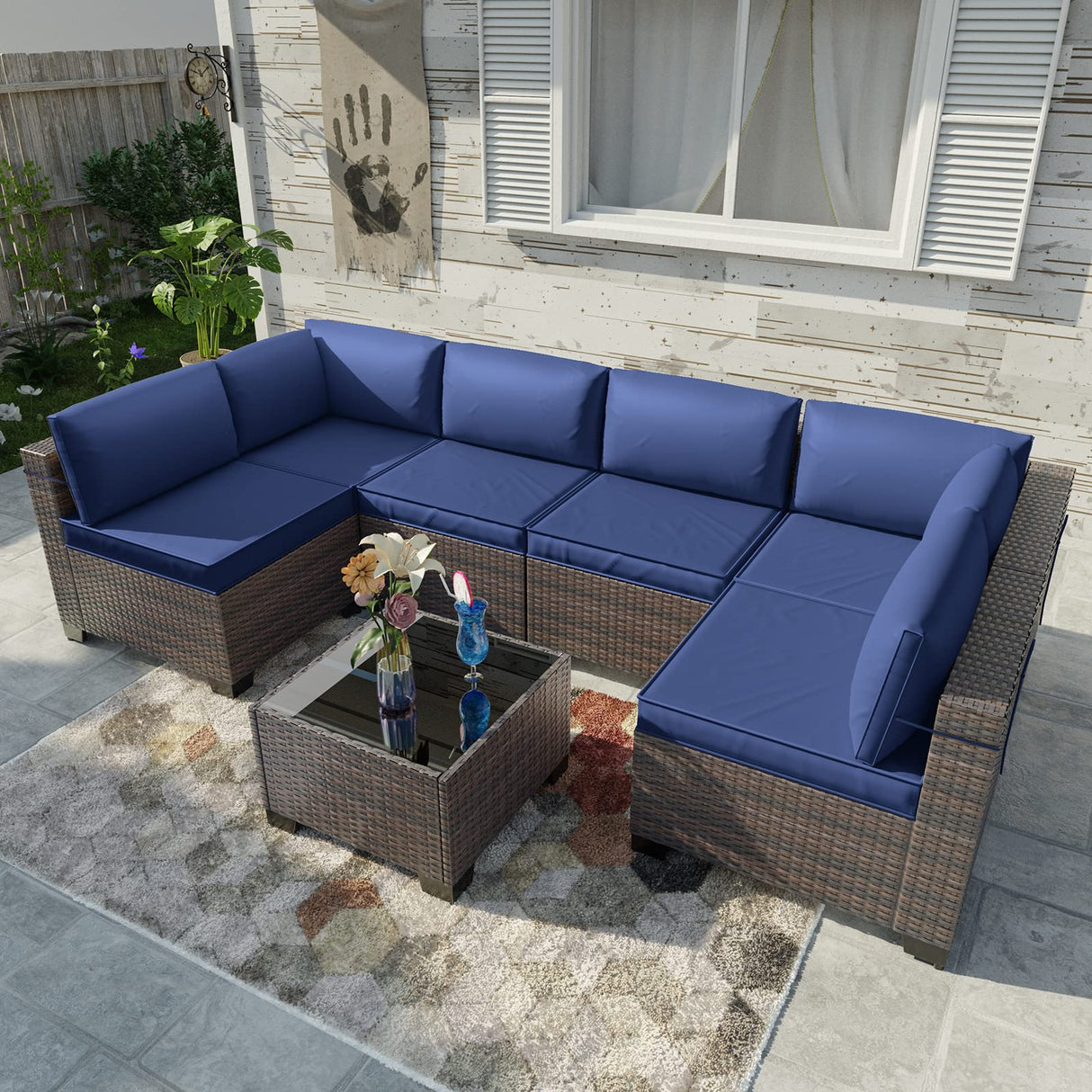 Kullavik 7 Pieces Outdoor Patio Furniture Set Sectional Rattan Sofa Brown Manual Wicker Patio Conversation Set with Navy Blue Cushions,1 Tempered Glass Tea Table and Cushions Covers Kullavik