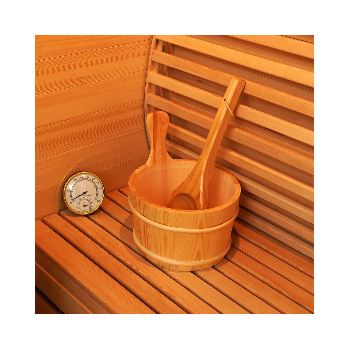 amocane Sauna Wooden Bucket and Ladle Kit, Sauna Accessories with Thermometer for Any Barrel or Steam Sauna & SPA (Hemlock Wood Color)