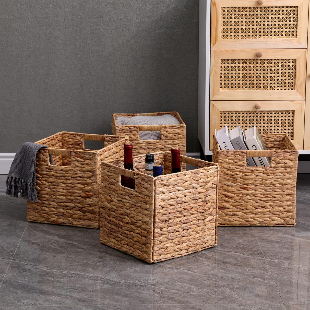 JGJCYO9 Storage Baskets Wicker Cube Baskets Foldable Handwoven Water Hyacinth Laundry Organizer,Cube Storage Baskets,Set of 4 pcs Baskets-11x11x11inch JGJCYO9