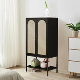 UHMUVFM Wardrobe Closet with 2 Doors, Rattan Wardrobe Cabinet with Shelves and Hanging Rail for Clothes, Bedroom Independent Wardrobe Closet (Black) UHMUVFM