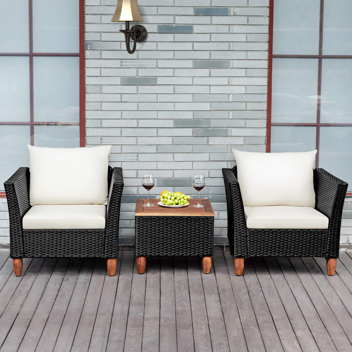 Tangkula 3 Piece Patio Furniture Set, Patiojoy Outdoor Wicker Rattan Bistro Sofa Set w/Washable Cushion, Acacia Wood Top Coffee Table, Conversation Set for Balcony Backyard Porch (White) Tangkula