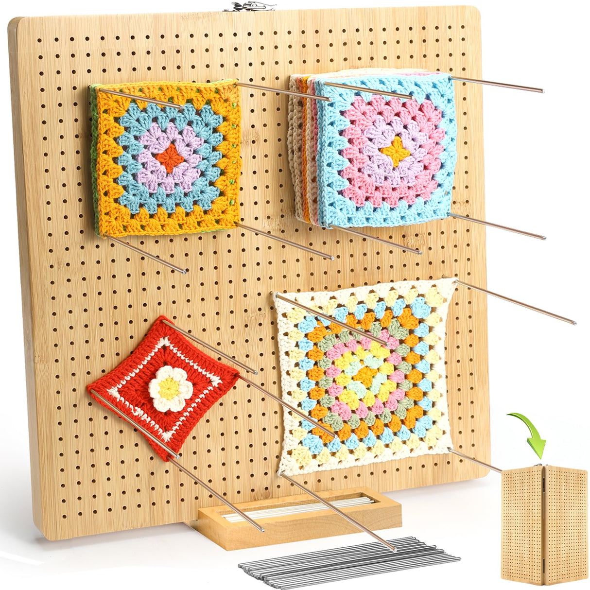 Aulin 15.5"" x 15.5"" Foldable Crochet Blocking Board with Pegs | 35 Stainless Steel Rod Pins - Upgrade Large Blocking Boards for Crochet Projects, Gifts for Crocheters, Mothers, Grandmothers Aulin