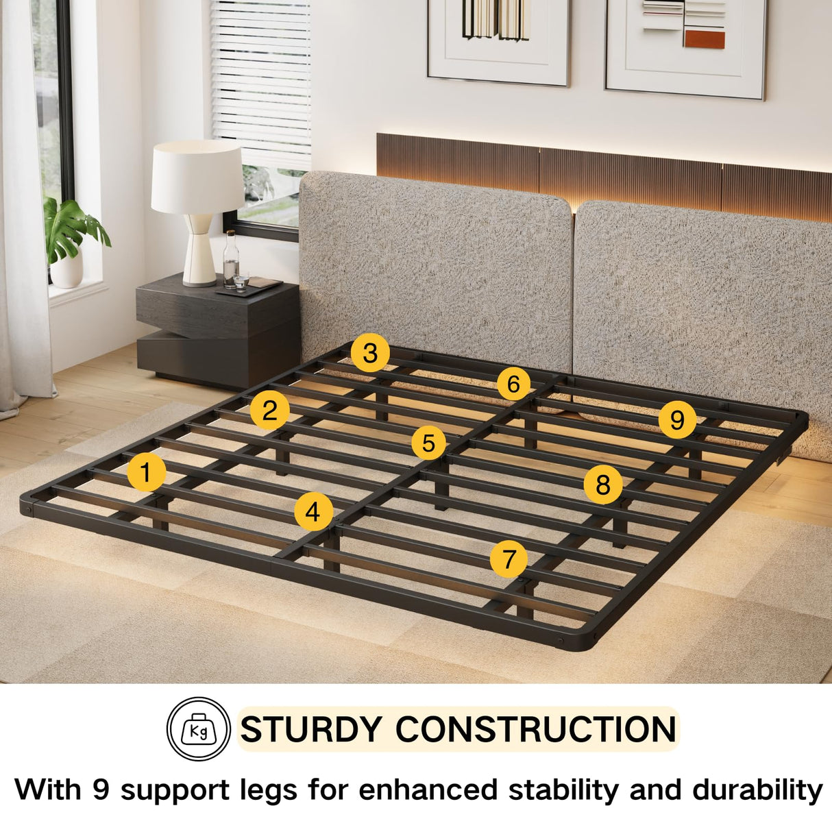 LAKKURI Floating Bed Frame King with Led Lights, King Size Floating Bed Frame,Type-C and Charging Station, No Box Spring Needed, Noise-Free, Easy Assembly LAKKURI