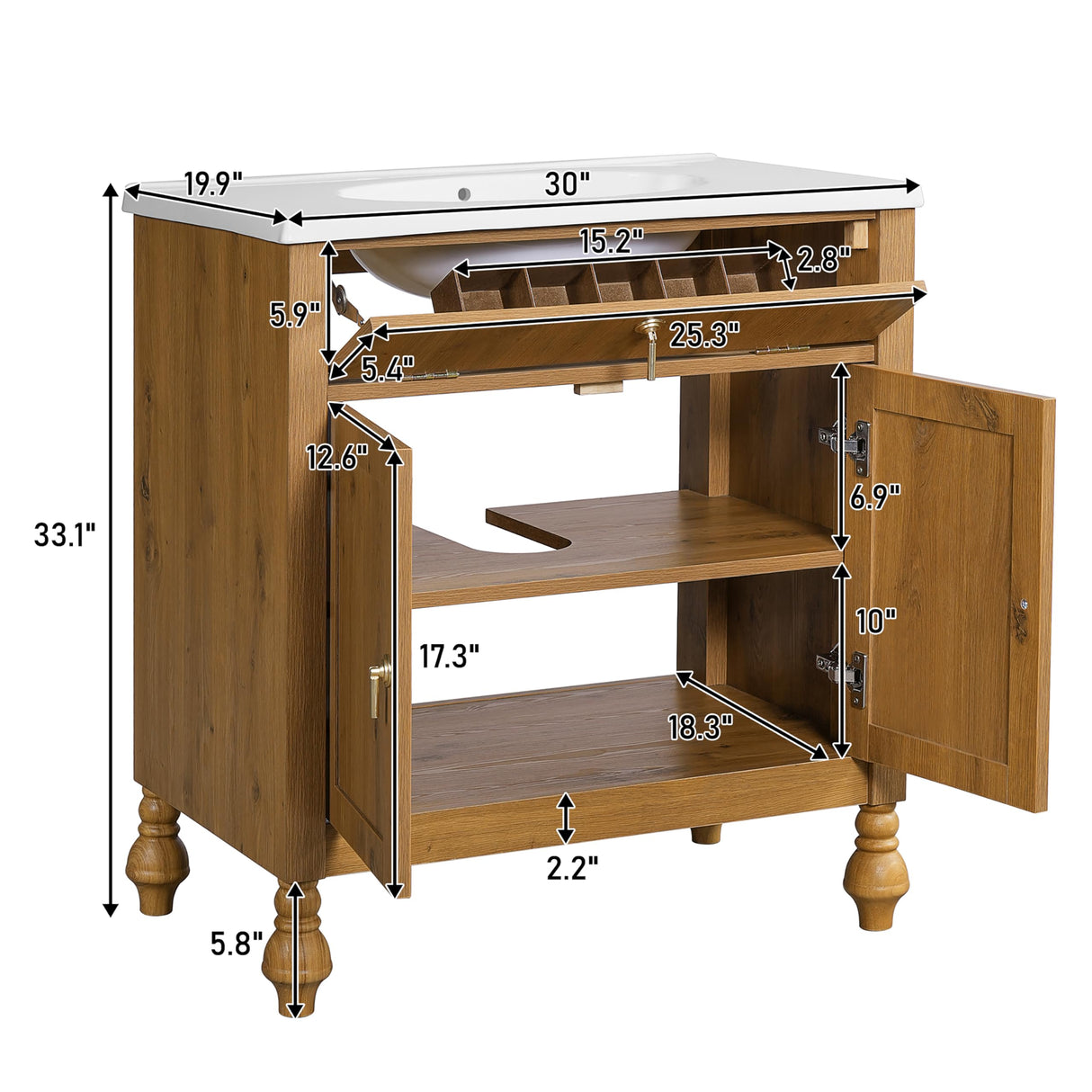 Merax 30-Inch Walnut Bathroom Vanity with Seashell Resin Sink, Soft-Close Doors and Flip-Up Storage for Bathroom, Brown Merax