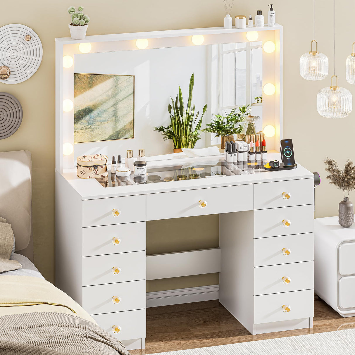 43.3" Vanity with Large Mirror and 10 LED Lights, Vanity Desk with Glasstop, 11 Drawers with Crystal Handles, Dressing Table with Power Outlet as Gift for Women, Girls (White) DINGIPP