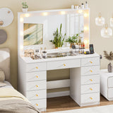 43.3" Vanity with Large Mirror and 10 LED Lights, Vanity Desk with Glasstop, 11 Drawers with Crystal Handles, Dressing Table with Power Outlet as Gift for Women, Girls (White) DINGIPP