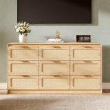 Ieejdn Mid Century Modern Dresser,Rattan 9 Drawers Dresser for Bedroom, 59" Wide Wood Dressers & Chests of Drawers/Curved Profile Design, Natural Texture for Bedroom, Living Room, Warm Wood