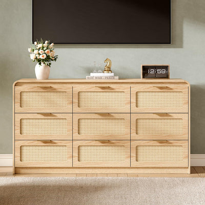 Ieejdn Mid Century Modern Dresser,Rattan 9 Drawers Dresser for Bedroom, 59" Wide Wood Dressers & Chests of Drawers/Curved Profile Design, Natural Texture for Bedroom, Living Room, Warm Wood