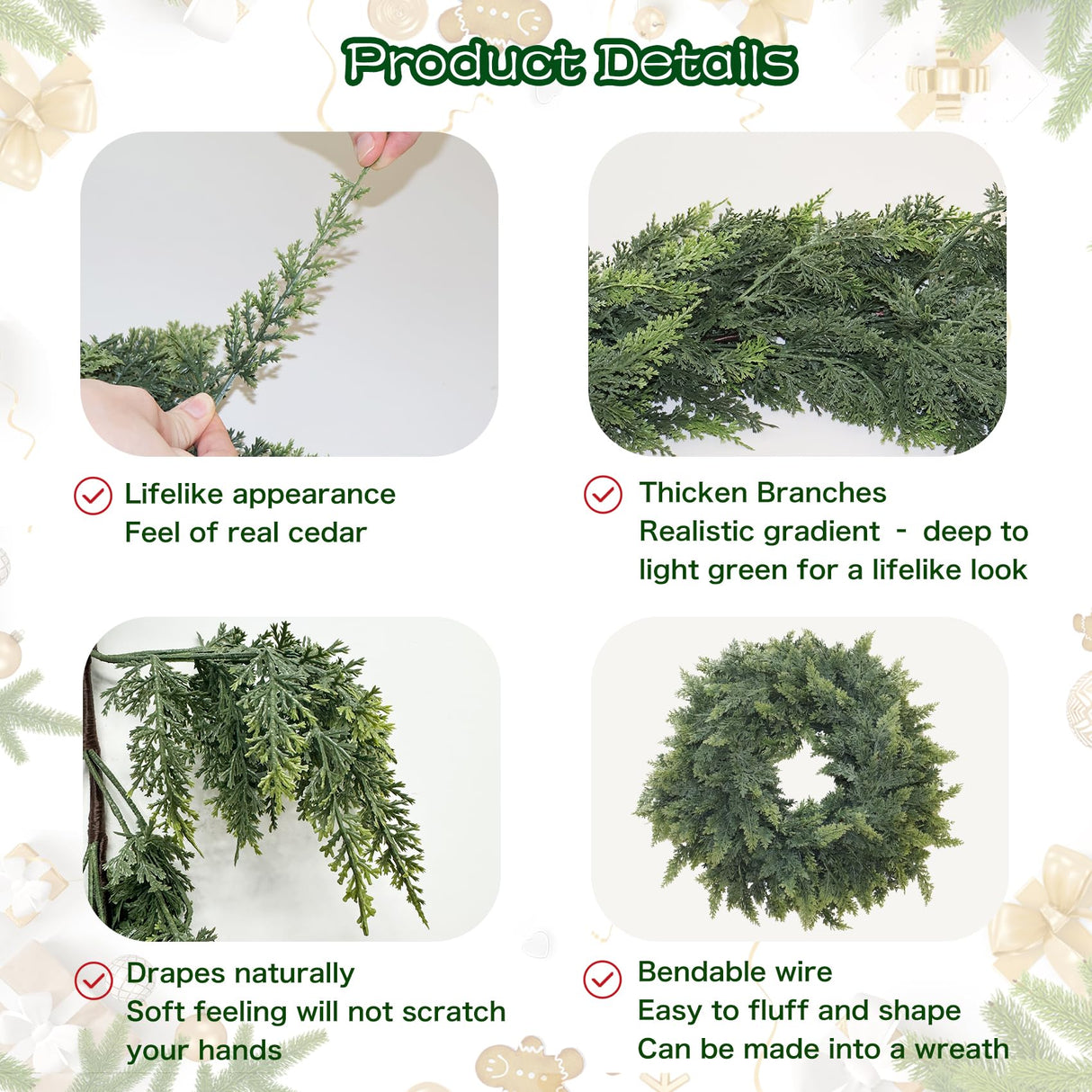 9FT Christmas Cedar Garland Artificial Real Touch Thickness Realistic Greenery Pine Garland for Mantle Fireplace Outdoor Indoor Christmas Decorations Senjie