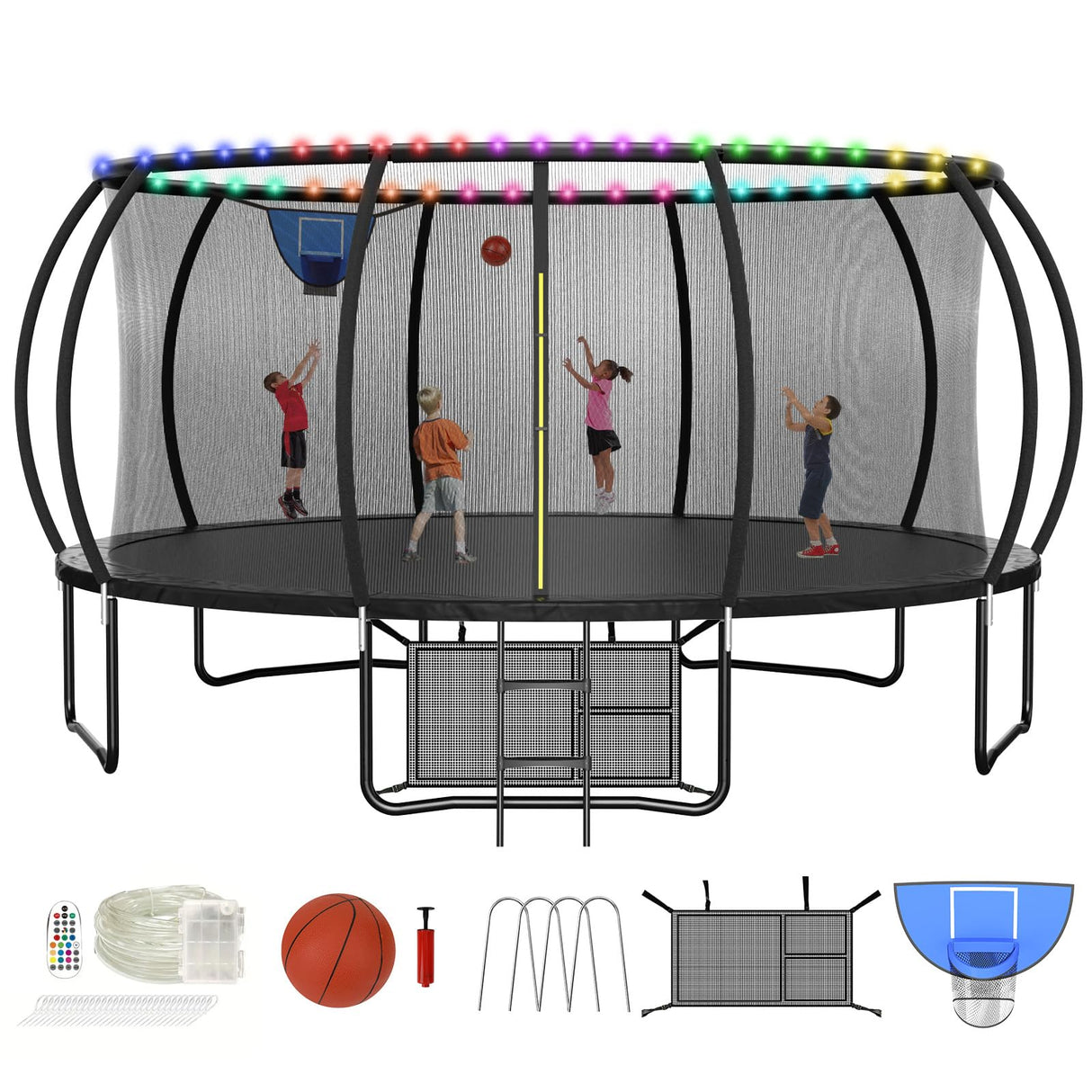 Zevemomo 16FT Trampoline Outdoor for Kids, 16 FT Trampoline w/LED Light, Basketball & Hoop, Pumpkin Shape, ASTM Certified, Heavy Duty Galvanized Anti-Rust Coating Zevemomo
