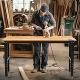 WORKPRO Adjustable Garage Workbench, 60x24 Rubber Wood Top Heavy-Duty Work Desk with Power Outlets, Leveling Foot, 5 Heights, 1500 LBS Load Capacity Work Benches for Garage, Workshop, Office, Home WORKPRO