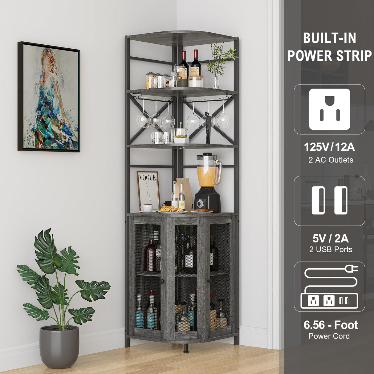 Aufvolr Wine Bar Cabinet with Power Outlet, 6-Tiers Industrial Wine Cabinet with LED Light and Glass Holder, Corner Bar Cabinet with Adjustable Shelf and Mesh Door, Liquor Cabinet Bar for Home Aufvolr