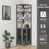 Aufvolr Wine Bar Cabinet with Power Outlet, 6-Tiers Industrial Wine Cabinet with LED Light and Glass Holder, Corner Bar Cabinet with Adjustable Shelf and Mesh Door, Liquor Cabinet Bar for Home Aufvolr