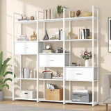 Nosepen 73.6" Tall Bookshelf with 3 Drawers and 16 Storage Shelves, Industrial Bookcase with 16 Open Display Shelves, Large Etagere Bookshelf, Triple Wide Book Shelf Book Case for Home & Office, White Nosepen