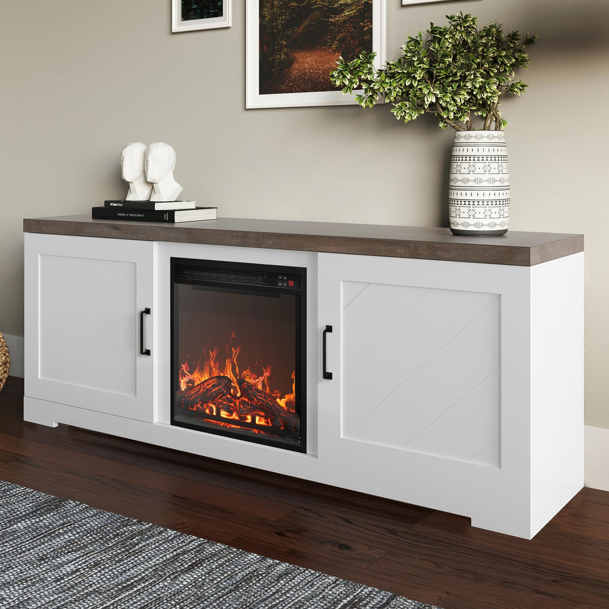 BELLEZE Modern 58" Farmhouse TV Stand with 18" Electric Fireplace Heater & Media Entertainment Center for TV up to 65", Console Table with Storage Cabinets - Hilo (White) BELLEZE