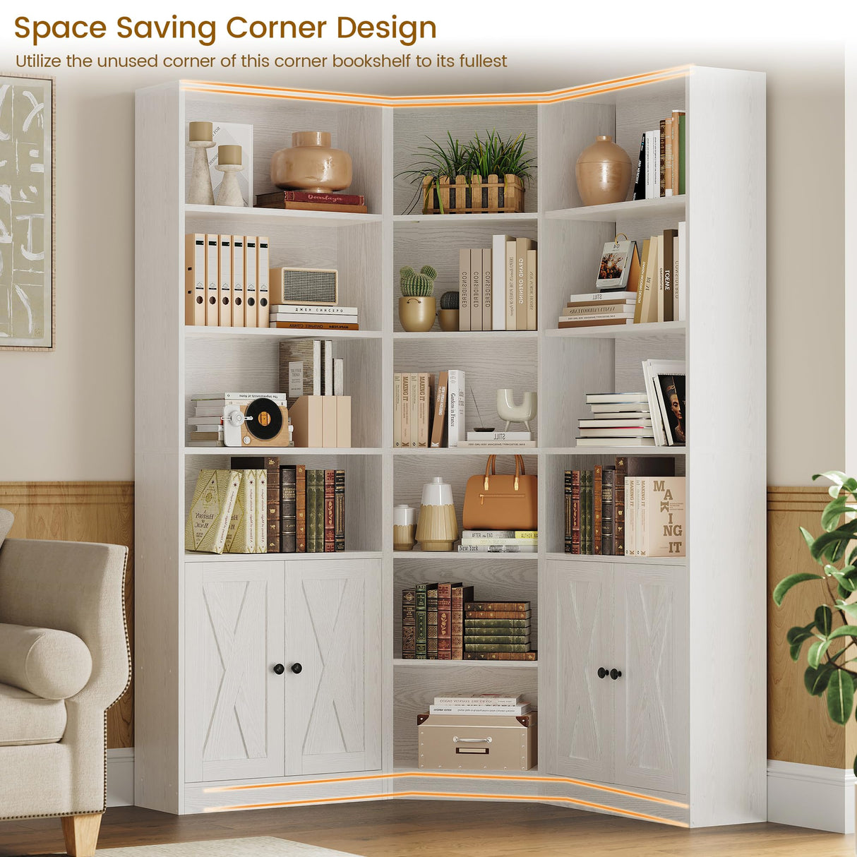 ANCTOR Large Corner Bookcase with 2 Storage Cabinets and 18 Shelves, 7 Tiers L Shaped Wood Bookshelf, 71" Tall Corner Hutch for Living Room, Bedroom, White ANCTOR