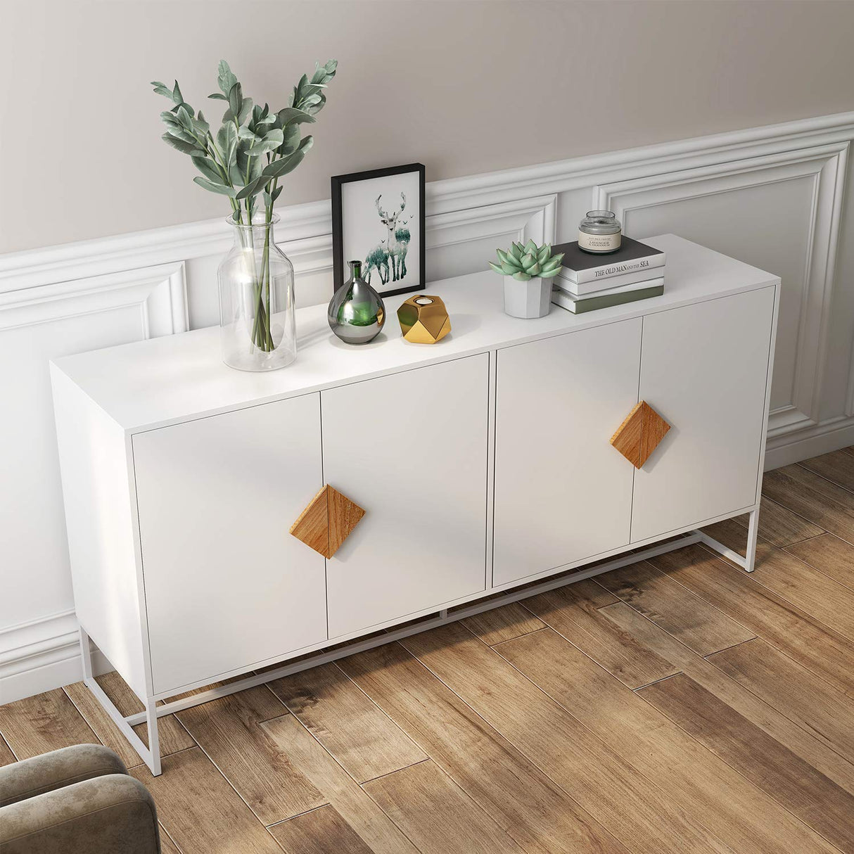 RASOO Buffet Cabinet White 4 Doors Modern Kitchen Buffet Storage Sideboard Cabinet Credenza Cabinet Cupboard with Adjustable Shelves RASOO